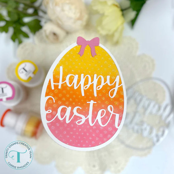 Easter-themed card with 'Happy Easter' text and decorative elements on a white background.