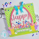 Colorful Easter card with 'Happy Easter' text and decorative elements on a white background.