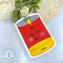 Sticker of a red can with a face on a textured surface with flowers