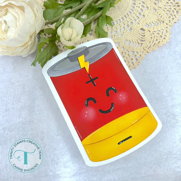 Sticker of a red can with a face on a textured surface with flowers
