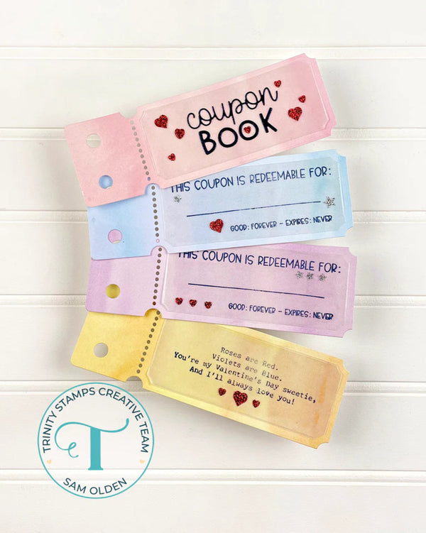 Colorful coupon book with redeemable coupons on a white background, featuring the Trinity Stamps Creative Team logo.