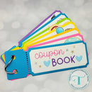 Colorful coupon book with a keychain on a light gray background