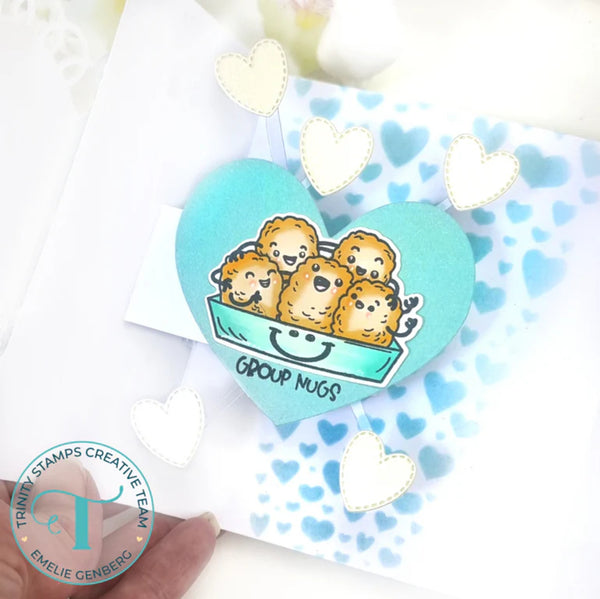 Heart-shaped card with cartoon dogs and 'Group Mugs' text on a white background with heart patterns.