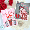 Two greeting cards with light-up products and heart designs on a floral background.