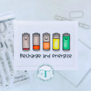 Set of battery-shaped stamps with different levels of charge on a card, featuring the Trinity Stamps Creative Team logo.