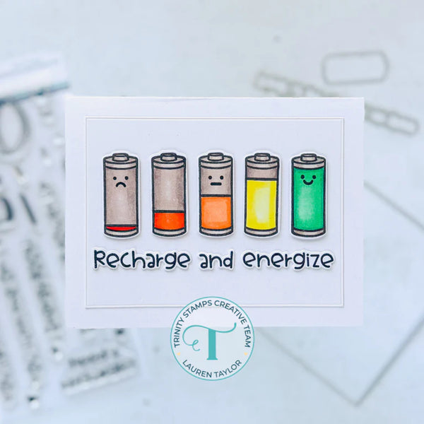 Set of battery-shaped stamps with different levels of charge on a card, featuring the Trinity Stamps Creative Team logo.