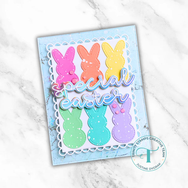 Colorful Easter card with bunnies and 'special easter' text on a marble background