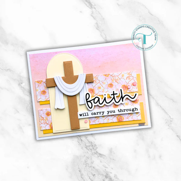 Card with cross and floral design on a marble background