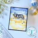 Card with 'Faith will carry you through' text on a blue and yellow cloud background, with Trinity Stamps branding.