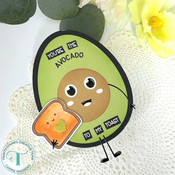 Cartoon avocado with toast on a textured background with flowers