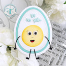 Cartoon-style egg character with text on a decorative background