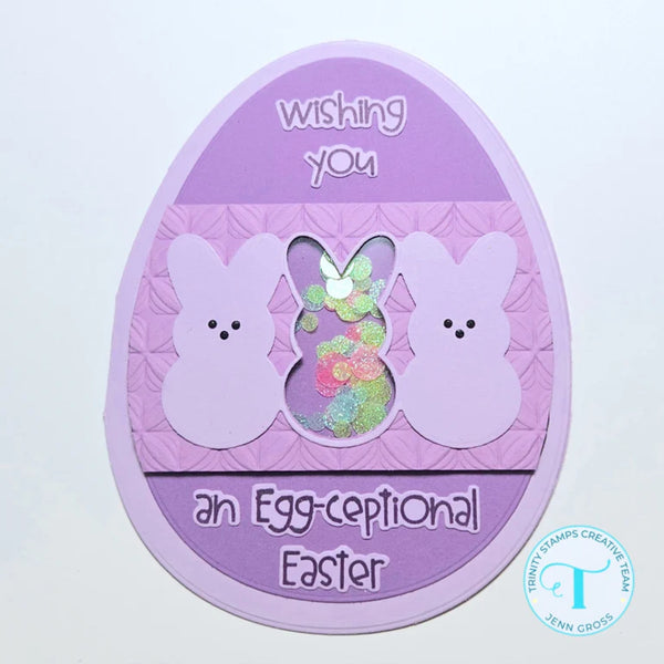Easter-themed card with bunnies and text on a light purple background