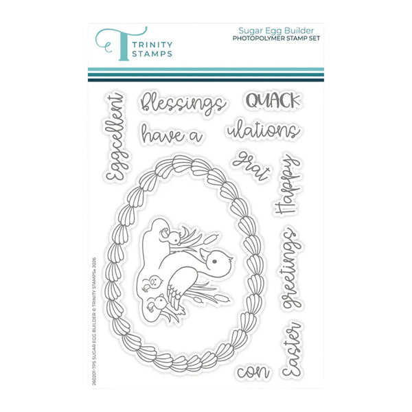 Trinity Stamps Easter-themed stamp set with a bunny and wreath design on a white background.