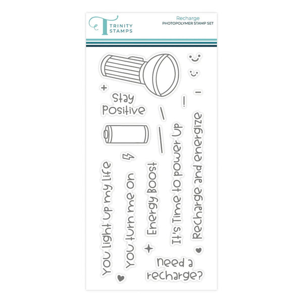 Trinity Stamps photopolymer stamp set with motivational phrases and illustrations on a white background.