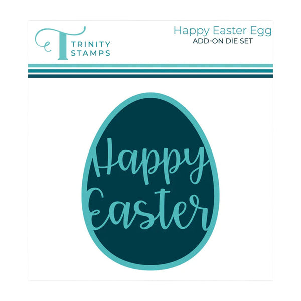 Trinity Stamps Happy Easter Egg Add-On Die Set packaging with teal egg and 'Happy Easter' text on a white background.