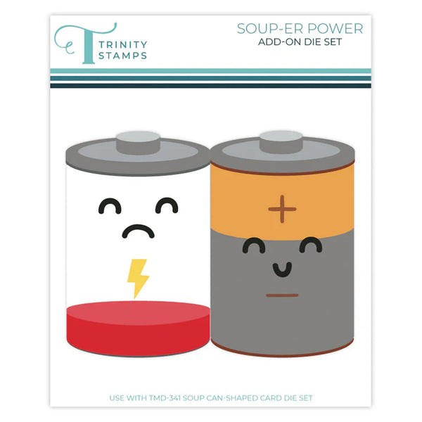 Cartoon batteries with faces on a white background, labeled 'Soup-er Power Add-On Die Set' by Trinity Stamps.