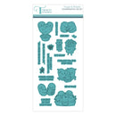 Set of die-cut stamps with cartoonish designs on a white background