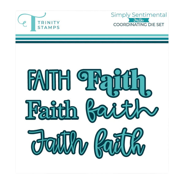 Trinity Stamps 'Faith' die set on a white background with brand logos.