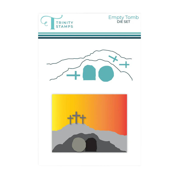 Trinity Stamps Empty Tomb die set packaging with mountain, tomb, and cross illustrations.