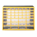 Yellow storage cabinet with multiple clear drawers on a white background