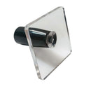 Clear plastic suction cup with black center on a white background