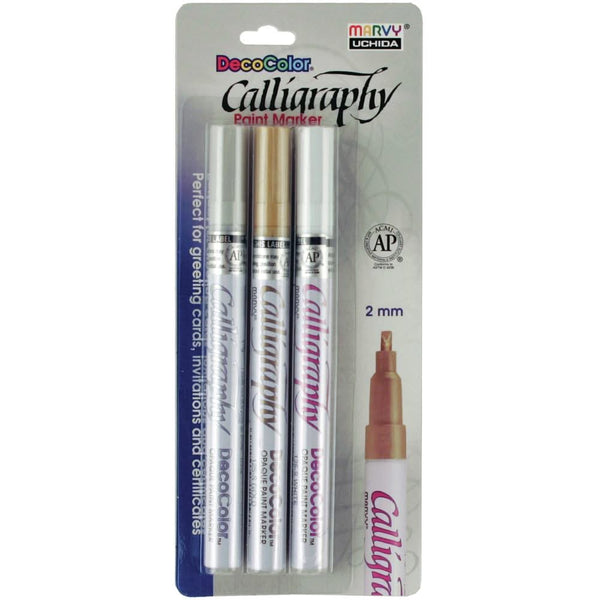 Uchida DecoColor Calligraphy Opaque Paint Marker Set 3/Pkg 2mm - Gold, Silver & White