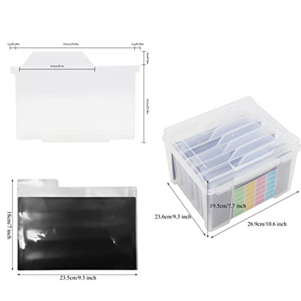 Measurement chart of a clear plastic bag, a box with compartments, and a black bag on a white background.