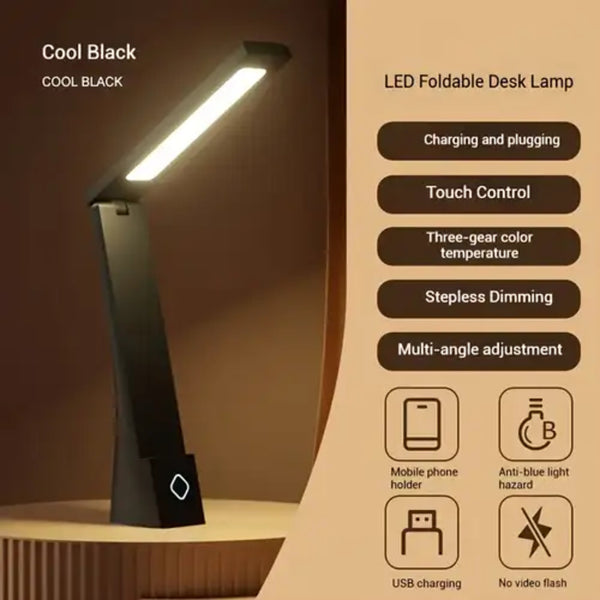 LED foldable desk lamp with charging and plugging features on a beige background