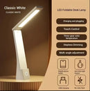 LED foldable desk lamp with features listed on a beige background