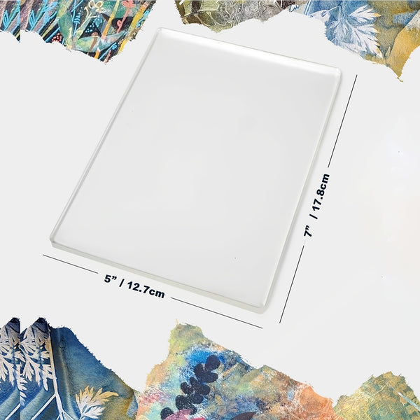 White rectangular object with dimensions labeled on a colorful abstract background
