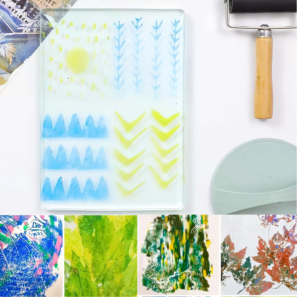 Collage of art supplies including a paint roller, sponges, and printed designs on paper.