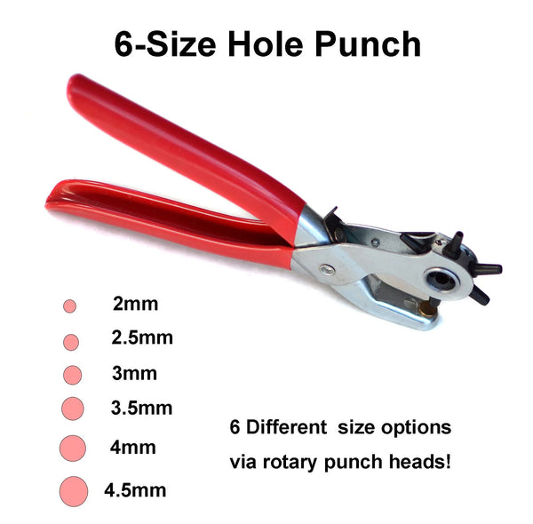 Red hole punch with size options on a white background
