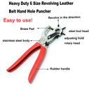 Heavy-duty leather belt hand hole puncher with labeled parts on a white background