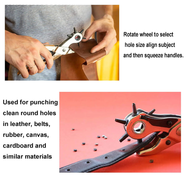 Punch tool being used on leather with text instructions and additional use examples.