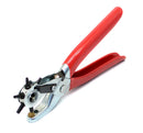 Red-handled metal tool on a white background