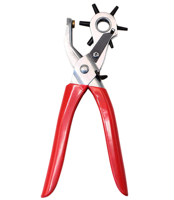 Red-handled hole puncher on a white background