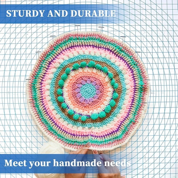 Colorful crocheted rug on a grid background with text 'Sturdy and durable' and 'Meet your handmade needs'.