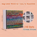 Colorful marker storage organizer with dimensions and slot count on a peach background