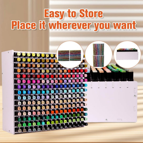 Storage rack for markers with colorful markers on a wooden surface