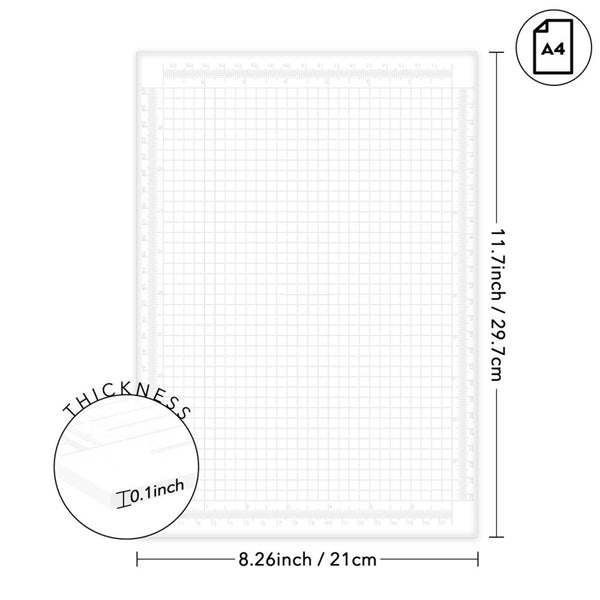 Grid paper with dimensions and thickness measurement on a white background