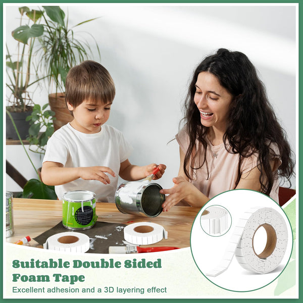 Woman and child at a table with double-sided foam tape, plants in the background