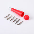 Red plastic tool with multiple metal attachments on a white background
