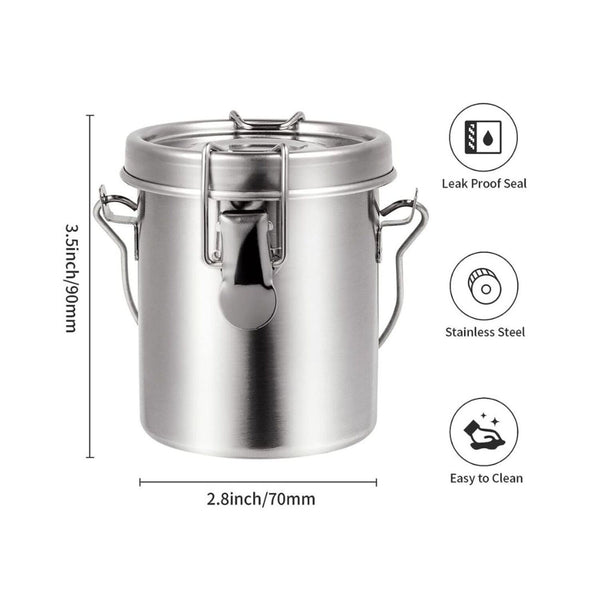 Stainless steel canister with dimensions and features on a white background