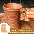 Terracotta pot on a wheel with a shaping tool, ideal for clay projects.