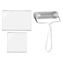 Clear plastic roller with handle and two white sheets on a white background
