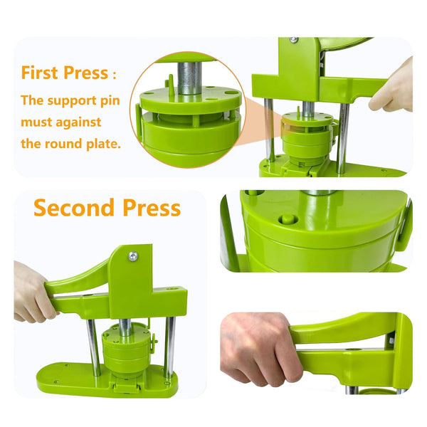 Green metal press tool with step-by-step instructions on how to use it.