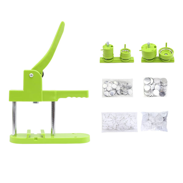 Green button maker machine with additional components on a white background
