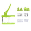 Green button maker machine with additional components on a white background