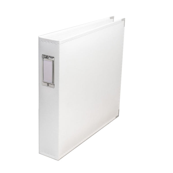 White three-ring binder on a white background