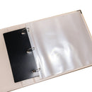 Open ring binder with a black page and clear plastic cover on a white background